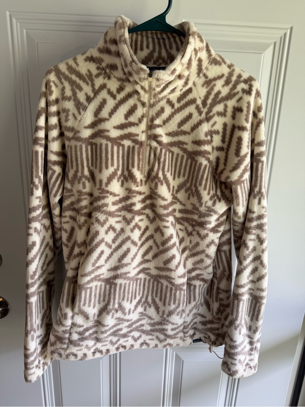 Eddie Bauer Cream and Light Brown Patterned Fleece Half-Zip Pullover
